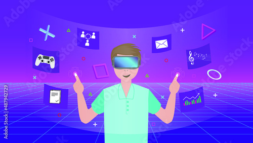 Metaverse Digital Virtual Reality Technology. Man wearing VR goggles for connected to the virtual space interface.