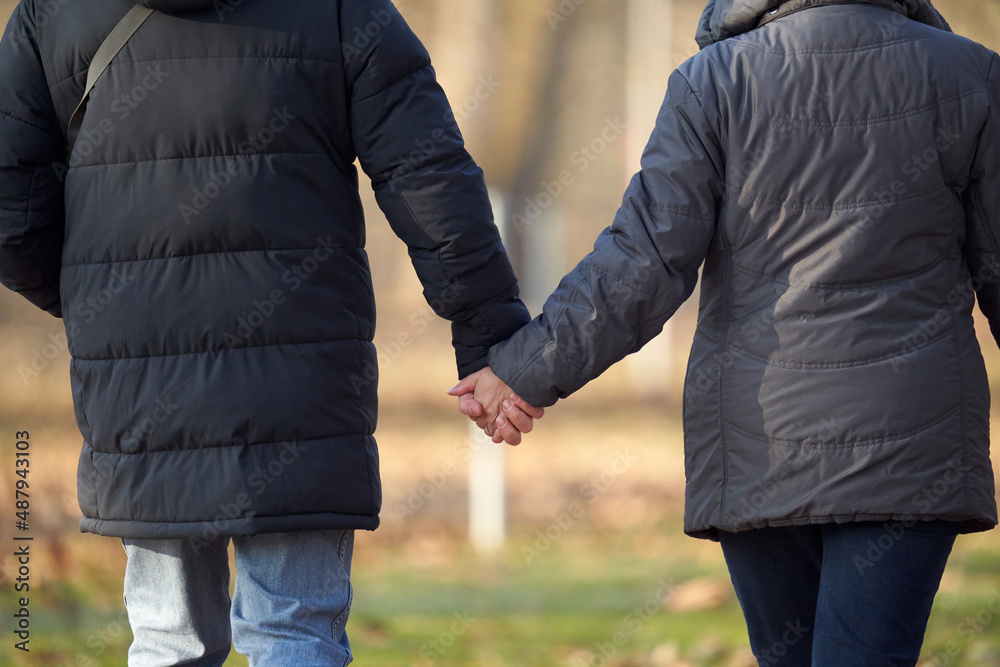 Man and woman walk together through the park. Their hands touch each other. People in winter with warm clothes. Rear view.