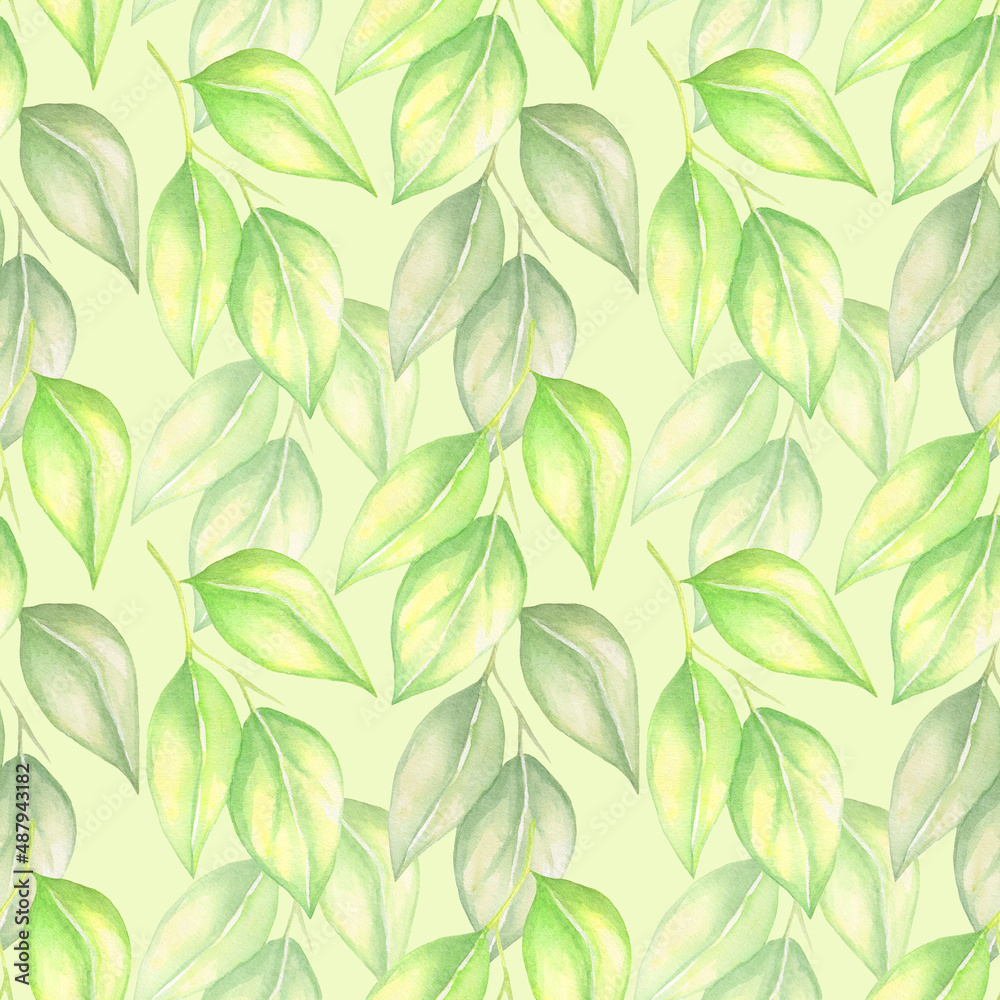 Seamless watercolor lemon leaves pattern isolated on yellow background.Good for textile,fabrics,wrapping.