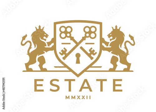 Luxury Lion key real estate logo. Elegant heraldic shield crest icon. Premium coat of arms symbol. Vintage royal heraldry brand identity emblem. Vector illustration.