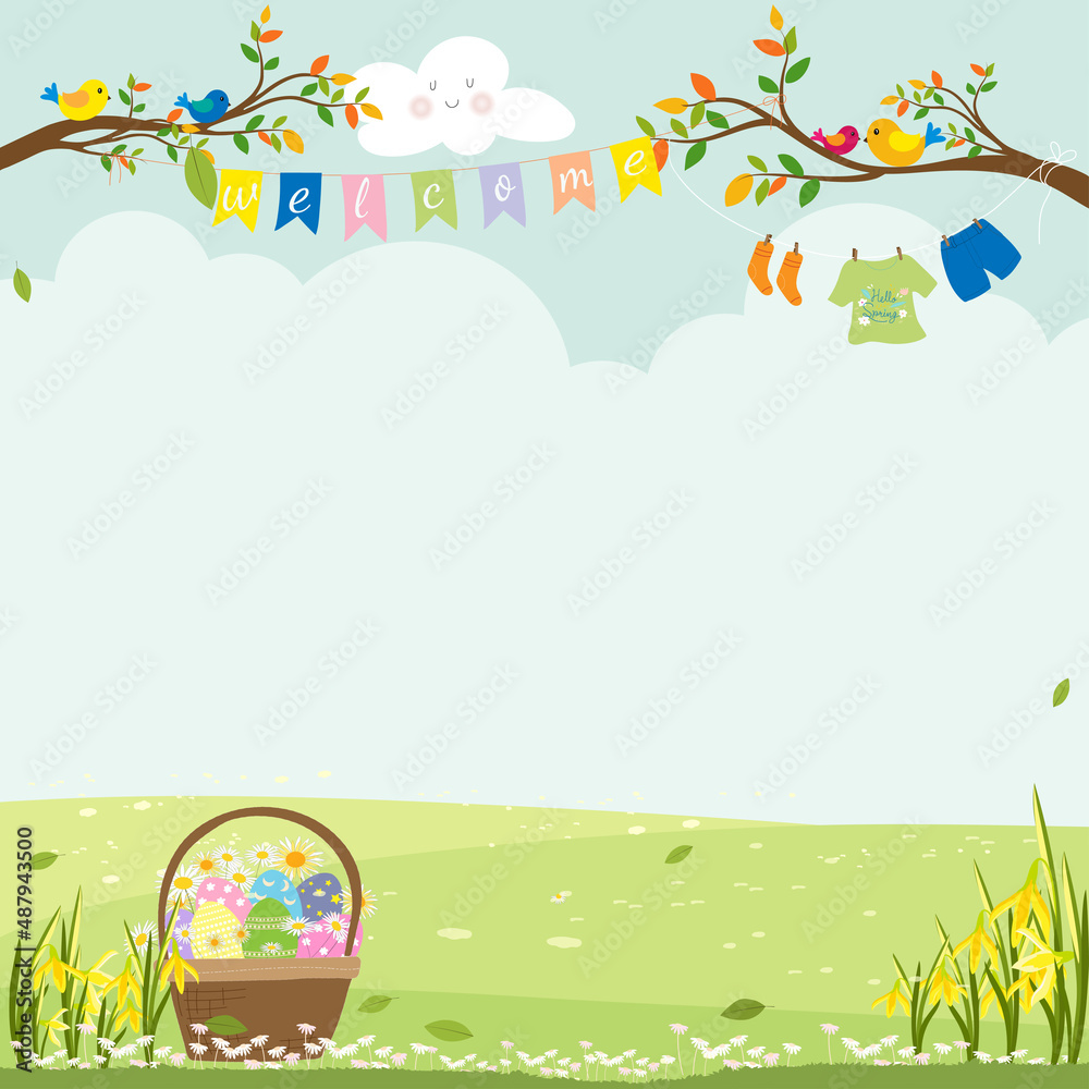 Easter greeting card, Spring background with Hello Spring landscape with welcome flags,Kid clothe hanging tree on blue sky background,Vector Banner backdrop of green grass field in Sunny day summer Easter greeting card, Spring background with Hello Spring landscape with welcome flags,Kid clothe hanging tree on blue sky background,Vector Banner backdrop of green grass field in Sunny day summer
