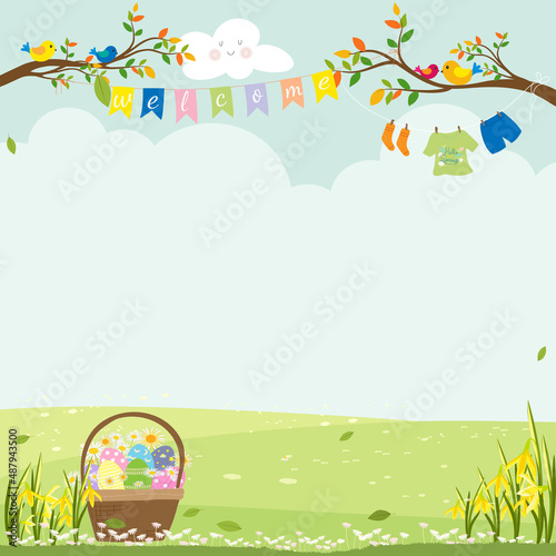 Easter greeting card, Spring background with Hello Spring landscape with welcome flags,Kid clothe hanging tree on blue sky background,Vector Banner backdrop of green grass field in Sunny day summer