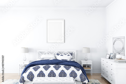 Frame mockup in bedroom with white wall