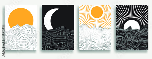 Contemporary art composition . Vector illustration . Modern sun and ocean background . Minimal design brochure . Abstract geometric poster.