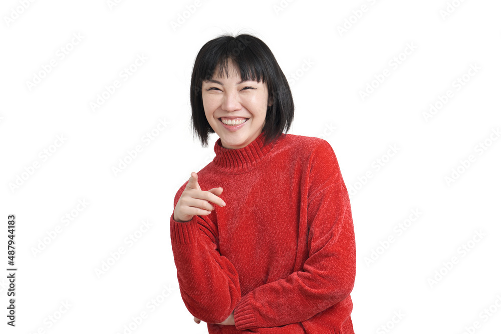 Young asian woman smiling and pointing at camera wearing winter red sweater isolated on white background. Young asian woman smiling and pointing at camera wearing winter red sweater isolated on white background.