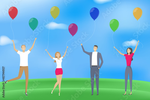 People hold helium balloons. Vector illustration.
