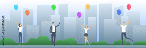 People with helium balloons. Vector illustration.
