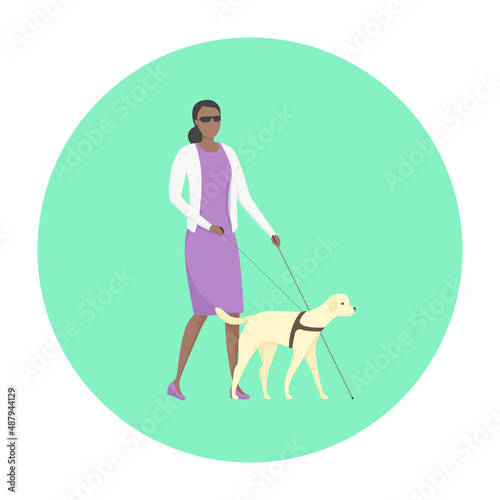 Blind woman with guide dog. Vector illustration.