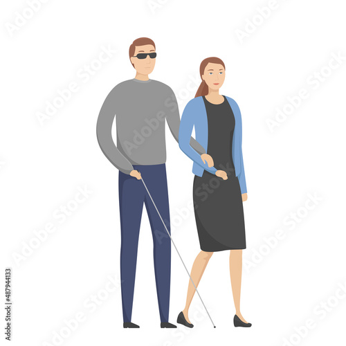 Woman help blind person. Vector illustration.