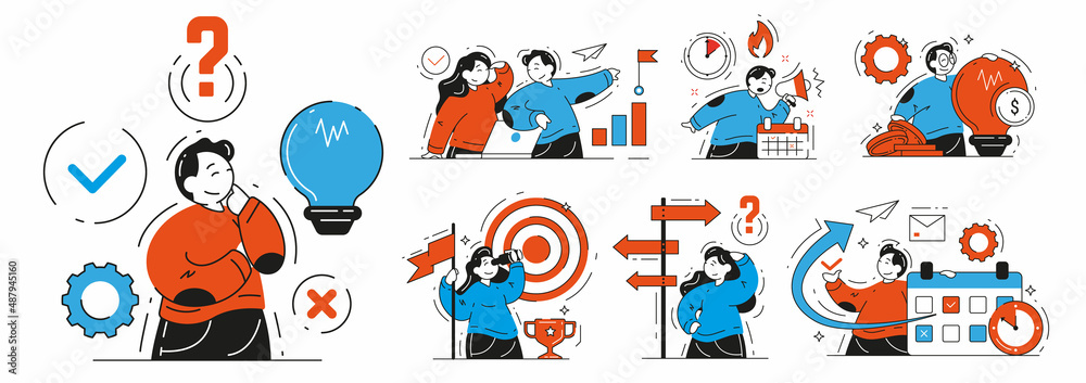 Fototapeta premium Collection business people planning, thinking, strategy development and making choice vector flat illustration. Set man and woman work process organization, time management, deadline, motivation