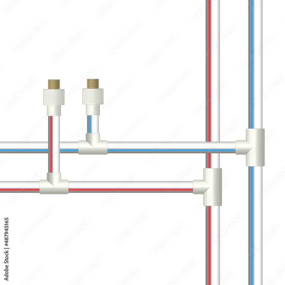 Hot and cold water plastic pipes, vector illustration. Hot and cold water plastic pipes, vector illustration.