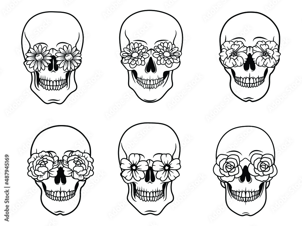 Set of skulls with flowers. Collection of human skull portrait with floral eye. Vector illustration isolated on white background.