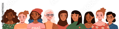 Portrait of different women together. International Women's Day, 8 March greeting card, banner. Feminism, freedom, independence, empowerment, rights, equality, social diversity