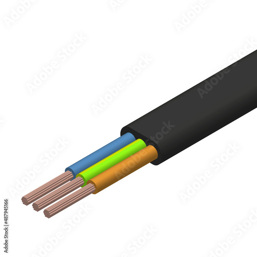 Flat cable with three insulated copper conductors, vector illustration.