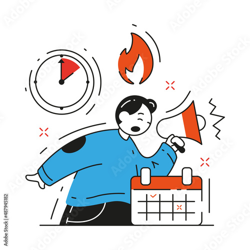 Worried business man screaming in megaphone deadline ends vector flat illustration. Hurry up to finish work, time counting down, burning term and schedule calendar marking. Speed and efficiency
