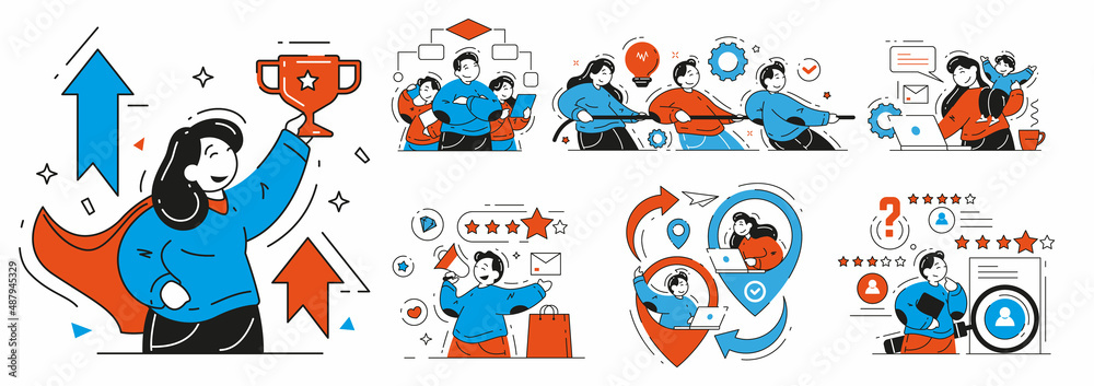 Set of business people enjoying teamwork, outsourcing, telework and freelance vector flat illustration. Collection man and woman successful leader, brand ambassador, HR professional occupation Set of business people enjoying teamwork, outsourcing, telework and freelance vector flat illustration. Collection man and woman successful leader, brand ambassador, HR professional occupation
