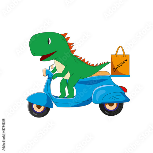 Cute Dragon on a scooter carries delivery. Delivery ride scooter delivery service   Order  Fast Shipping  Flat Line Art Vector Background.