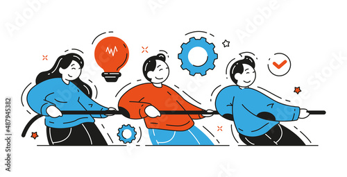 Business people pulling rope together teamwork power vector flat illustration. Man and woman colleagues cooperation working as team developing strategy making decision. Partnership support concept
