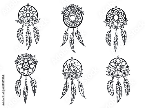 Set of a dream catcher with flower. Collection of indian totem with feathers frame. Hippie decoration. Amulet for protection dream. Vector illustration of floral drawing by hand. Blossom.
