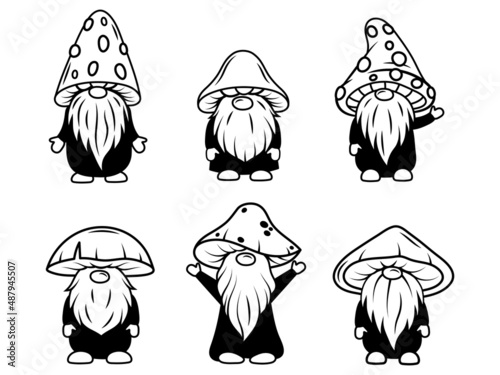 Set of mushroom gnome. Collection of autumn garden dwarf. Forest elf. Fall design. Vector illustration for children.