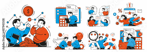 Collection business people financial entrepreneurship vector flat illustration. Man and woman finance advisor, successful digital marketing campaign, brand reputation, angel investor, tax return