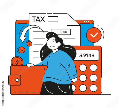 Happy business woman tax return online form with calculator and wallet full of coins vector flat illustration. Banking bill earnings currency legal invoice document revenue financial taxation
