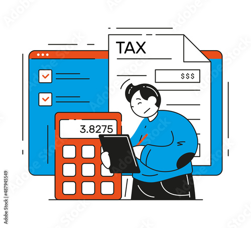 Business man filing taxes banking financial document counting revenue expenses vector flat illustration. Online income tax return refund businessman report form of annual individual information