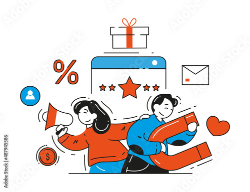 Digital promotional strategy vector flat illustration. Performance advertising campaign, promotion mix, word of mouth marketing, referral sales, brand loyalty, referral sale, discount and gifts