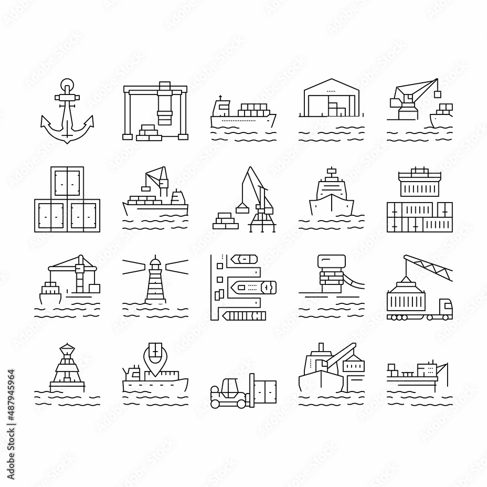 Container Port Tool Collection Icons Set Vector .