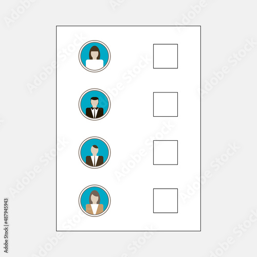 Election day. Voting ballot close-up. Choice between candidates. Form with avatars of candidates and empty squares for marks. Procedure for electing someone by open or secret ballot. Polling concept. 