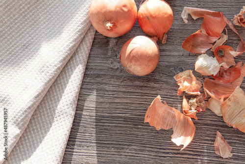 onions, linen towel and blossomed willow are on the surface of the wooden table.