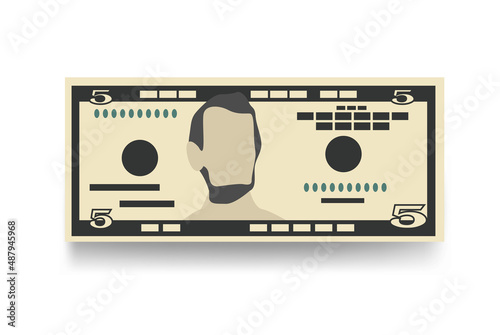 American dollar Vector Illustration. US money set bundle banknotes. Paper money 5 USD. Flat style. Isolated on white background. Simple minimal design.