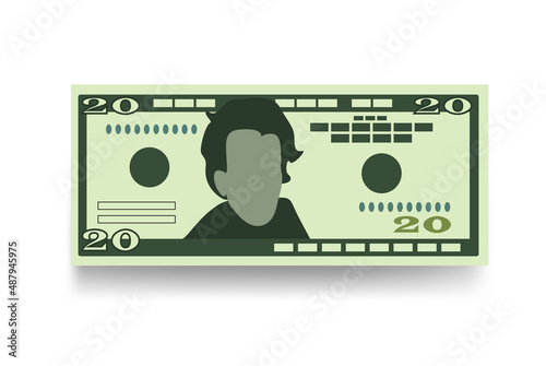 American dollar Vector Illustration. US money set bundle banknotes. Paper money 20 USD. Flat style. Isolated on white background. Simple minimal design.