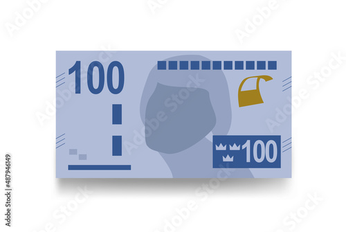Swedish Krona Vector Illustration. Sweden money set bundle banknotes. Paper money 100 kr. Flat style. Isolated on white background. Simple minimal design. photo