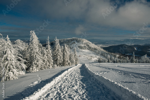 Winter in Beskidy mountains with a view on Klimczok, Beskid Slaski, Poland photo