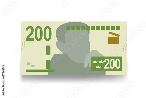 Swedish Krona Vector Illustration. Sweden money set bundle banknotes. Paper money 200 kr. Flat style. Isolated on white background. Simple minimal design.