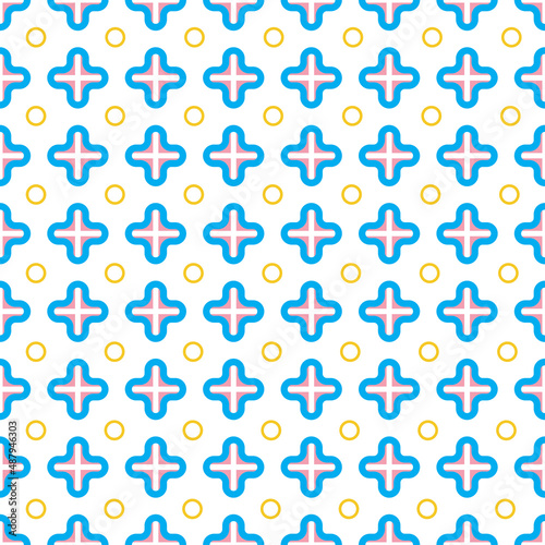 Seamless vector pattern. Abstract geometric background of crosses, rings, lines in blue, pink, yellow and white colors. For use on wallpaper, fabric, packaging and more.