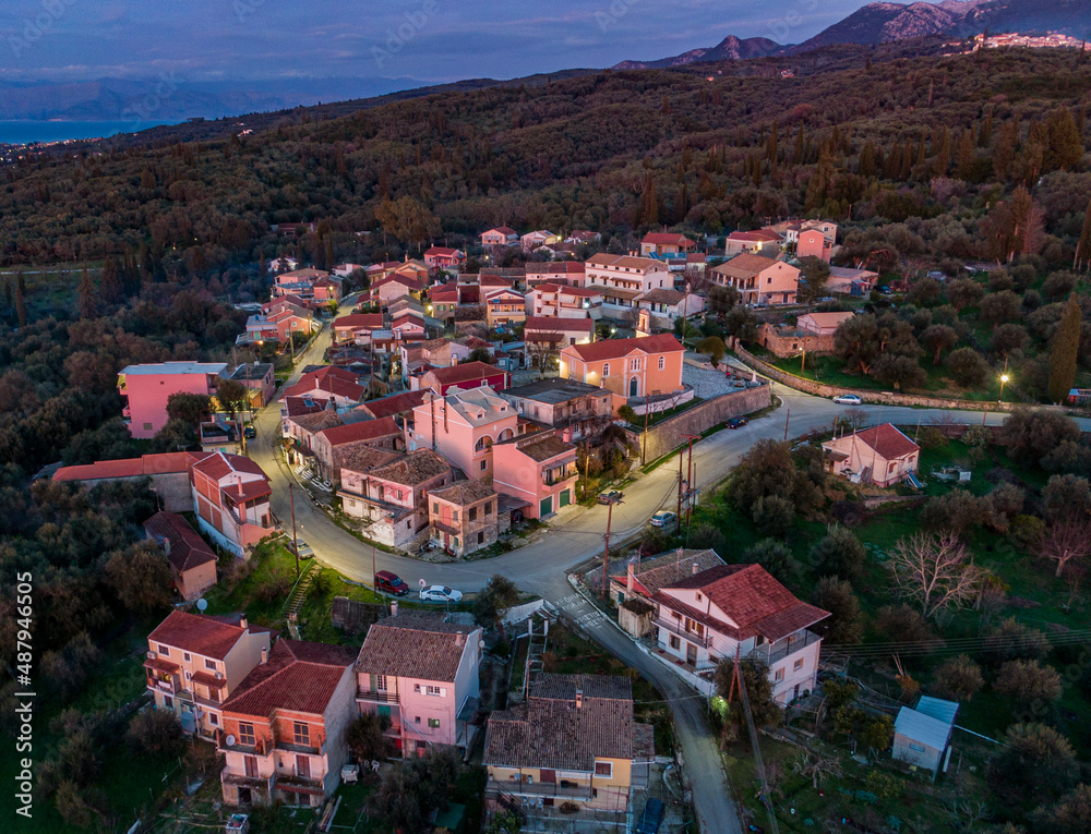 Aerial drone view of Xanthates village in corfu greece