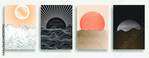 Contemporary art composition . Vector illustration . Modern sun and ocean background . Minimal design brochure . Abstract geometric poster.