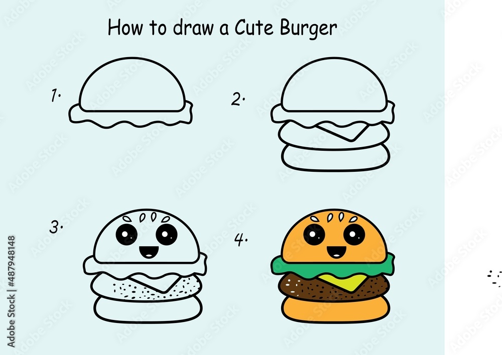 Step by step to draw a Cute burger. Drawing tutorial a Cute burger