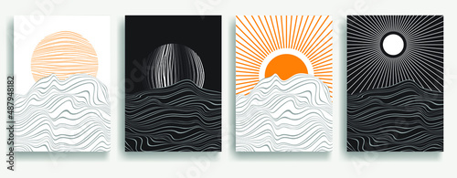 Contemporary art composition . Vector illustration . Modern sun and ocean background . Minimal design brochure . Abstract geometric poster.