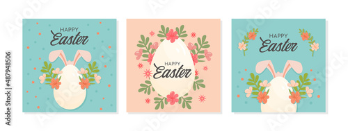Set of trendy Happy Easter greeting cards. Square banner templates with Easter eggs, decorative floral elements and bunny ears. Modern sale posters, holiday covers or social media post. Vector.