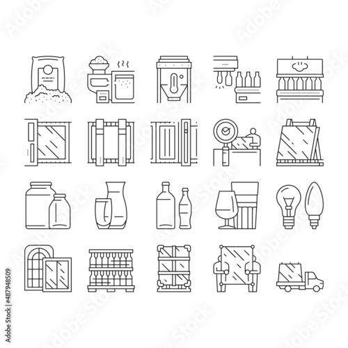 Glass Production Plant Collection Icons Set Vector .