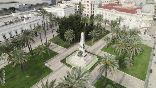 Topdown view Plaza Héroes de Cavite with monument war statue, near Cartagena Port, Spain photo