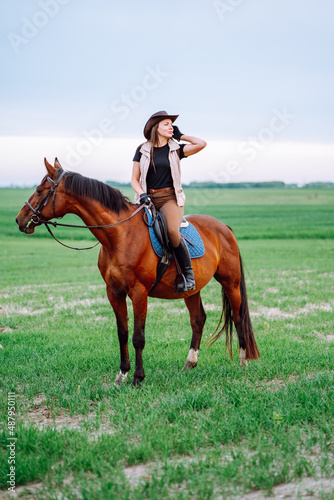 Vertical confident tone horse woman hat, holding hair, harness, looking distance ranch, dressage, training. Horseback riding, meadow farm, pasture outside. Brown black white horse, with blue saddle. © Olga