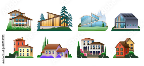A set of images of village houses in different architectural styles. Vector full-color illustration.