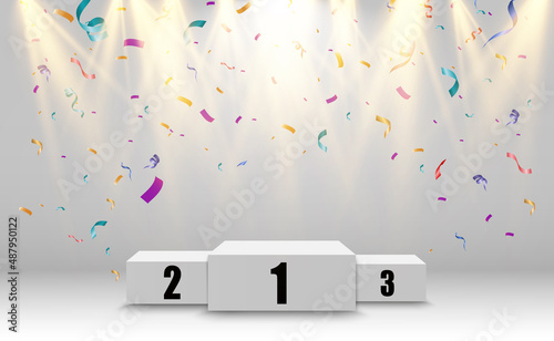 Realistic podium or winners platform. Pedestal with confetti on a white background.