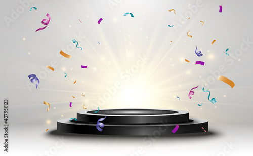 Realistic podium or winners platform. Pedestal with confetti on a white background.