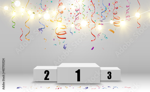 Realistic podium or winners platform. Pedestal with confetti on a white background.