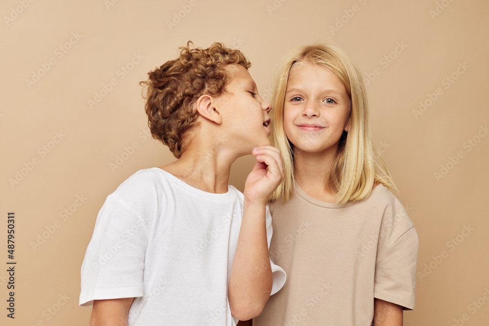 Portrait of cute children fun friendship entertainment beige background Portrait of cute children fun friendship entertainment beige background